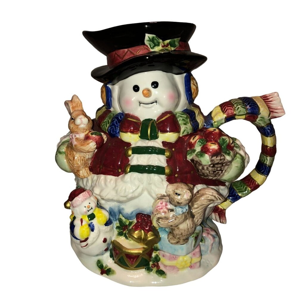 Snowman & Friends Milk Pitcher Christmas Holidays Hot Cocoa Pitcher 9" Ceramic
